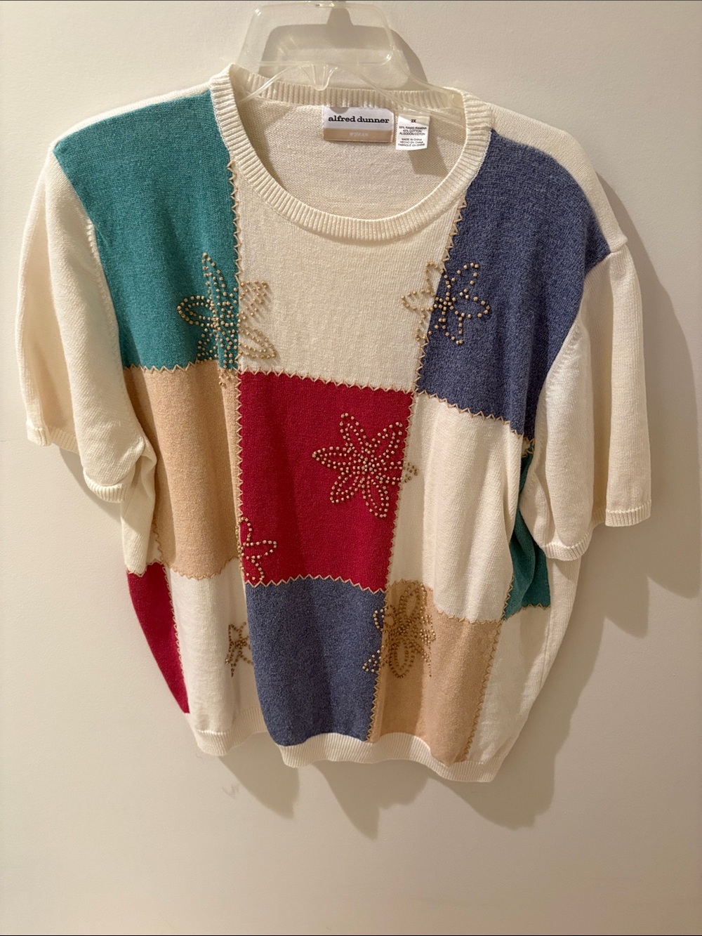 Alfred Dunner Cream Patchwork Short-Sleeve Sweater with Embellished Flowers